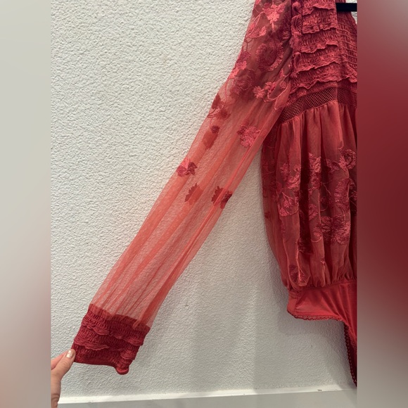 NWT Free People Sheer Meadows sheer, floral-embroidered bodysuit w/ V-neckline - Picture 6 of 11